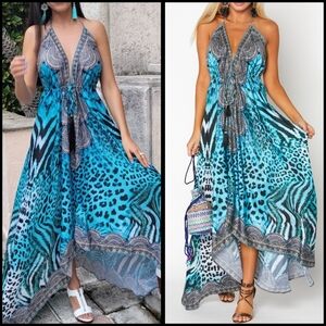 EUC Ranees Blue Animal Print Halter Hawaii Dress 649 ONE SIZE